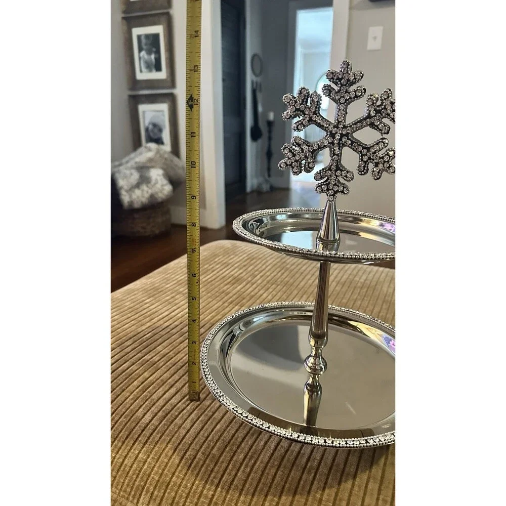 Silver Rhinestone Bling Snowflake 2 Tier Serving Dessert Appetizer Platter Tray